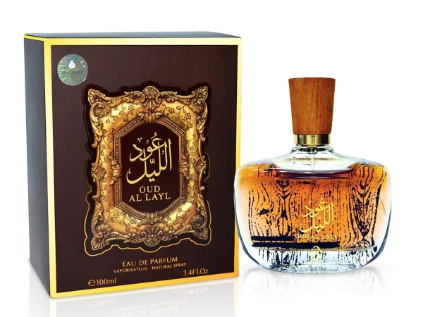 Arabiyat oud al layl perfume bottle beside its box against